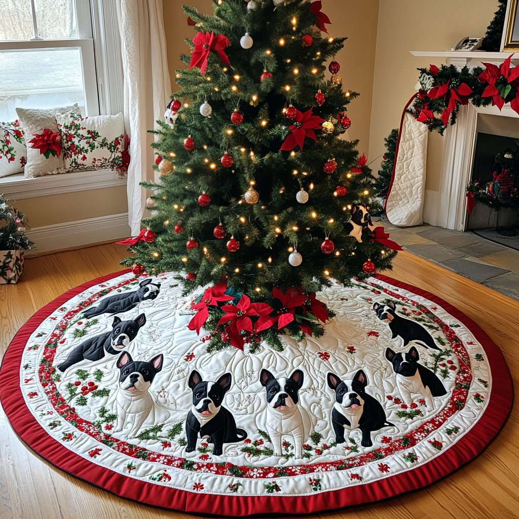 Boston Terrier Wrapped In Lights Christmas Quilted Tree Skirt Festive Tree Base Cover