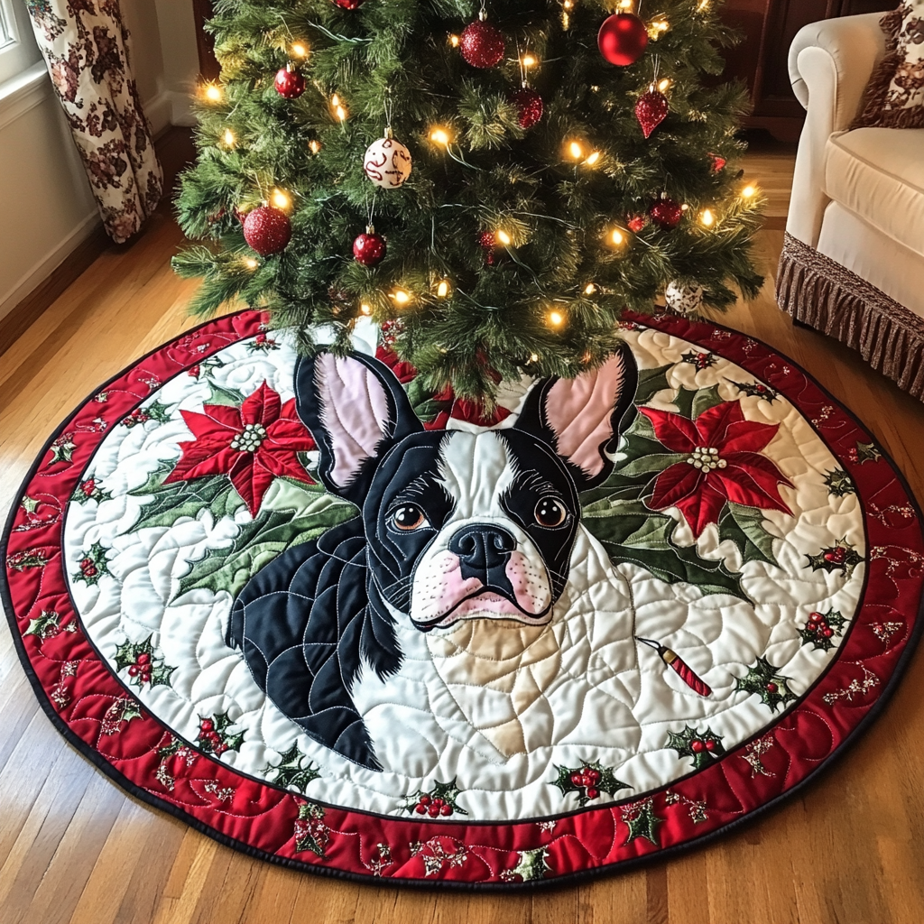 Boston Terrier Yuletide Spirit Christmas Quilted Tree Skirt Christmas Tree Decor