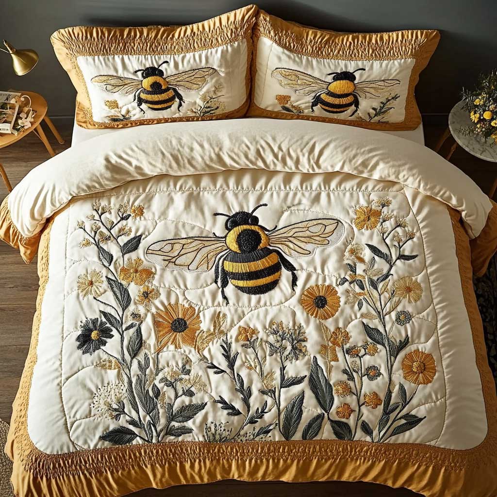 Botanical Bee Quilted Bedding Set Duvet Cover Bedspread Presents Ideas