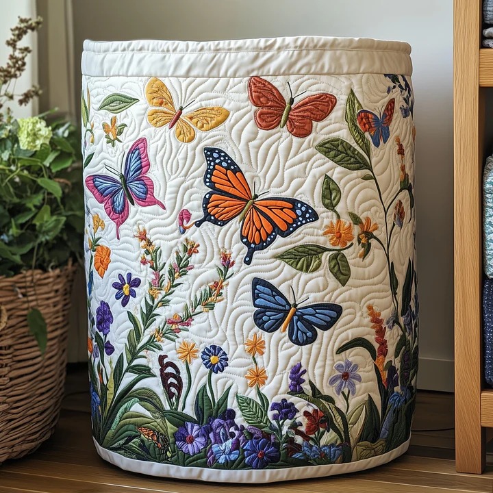 Botanical Butterfly Meadow Quilted Laundry Basket Boho Home Storage Best Gift For Butterfly Lovers