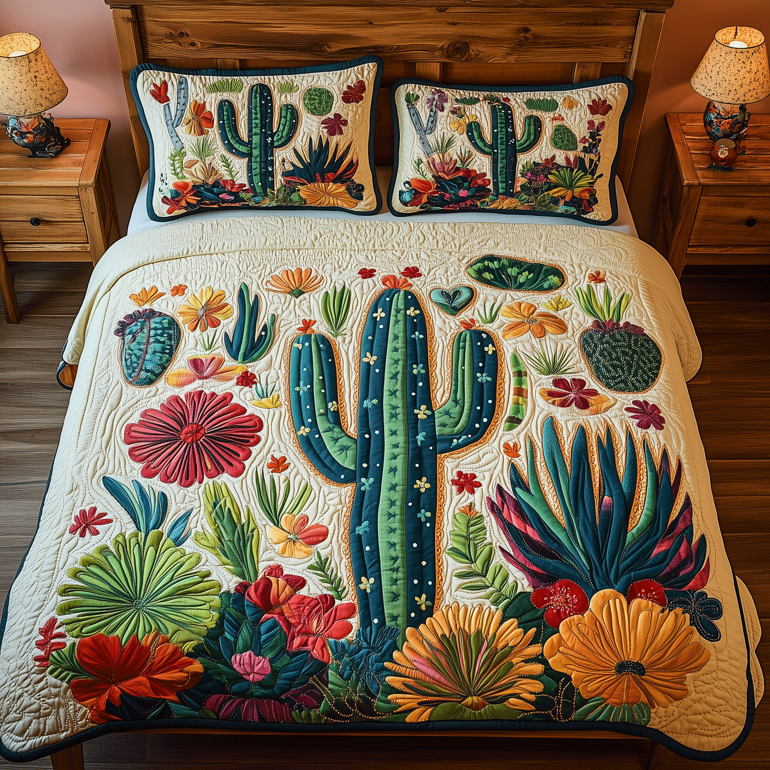 Botanical Cactus Quilted Bedding Set King Comforter Sets Romantic Anniversary Gifts for Parents