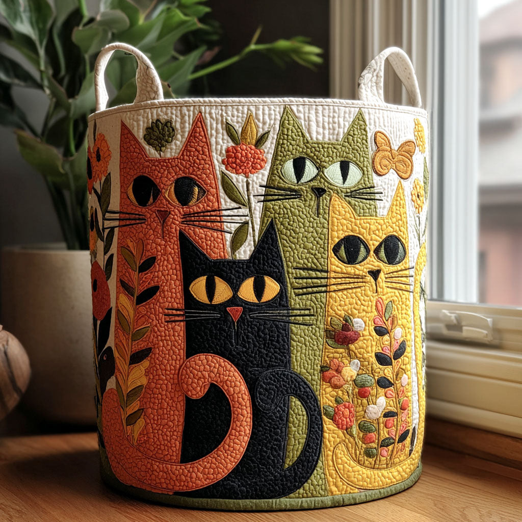 Botanical Cats Quilted Laundry Basket Unique Quilted Basket Gift for Holiday Season 2025