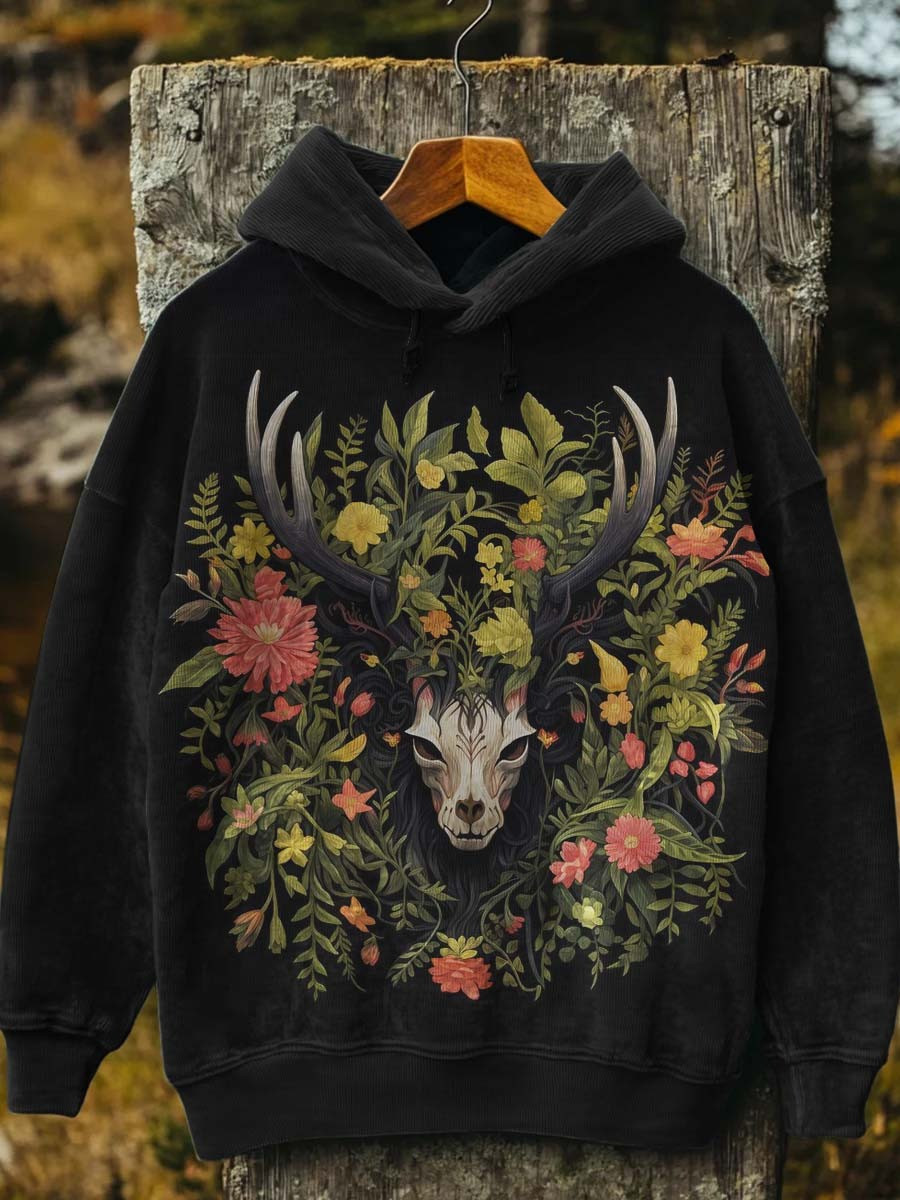 Botanical Deer Skull With Antlers Hoodie Flower Apparel Unique Presents For Deer Lovers
