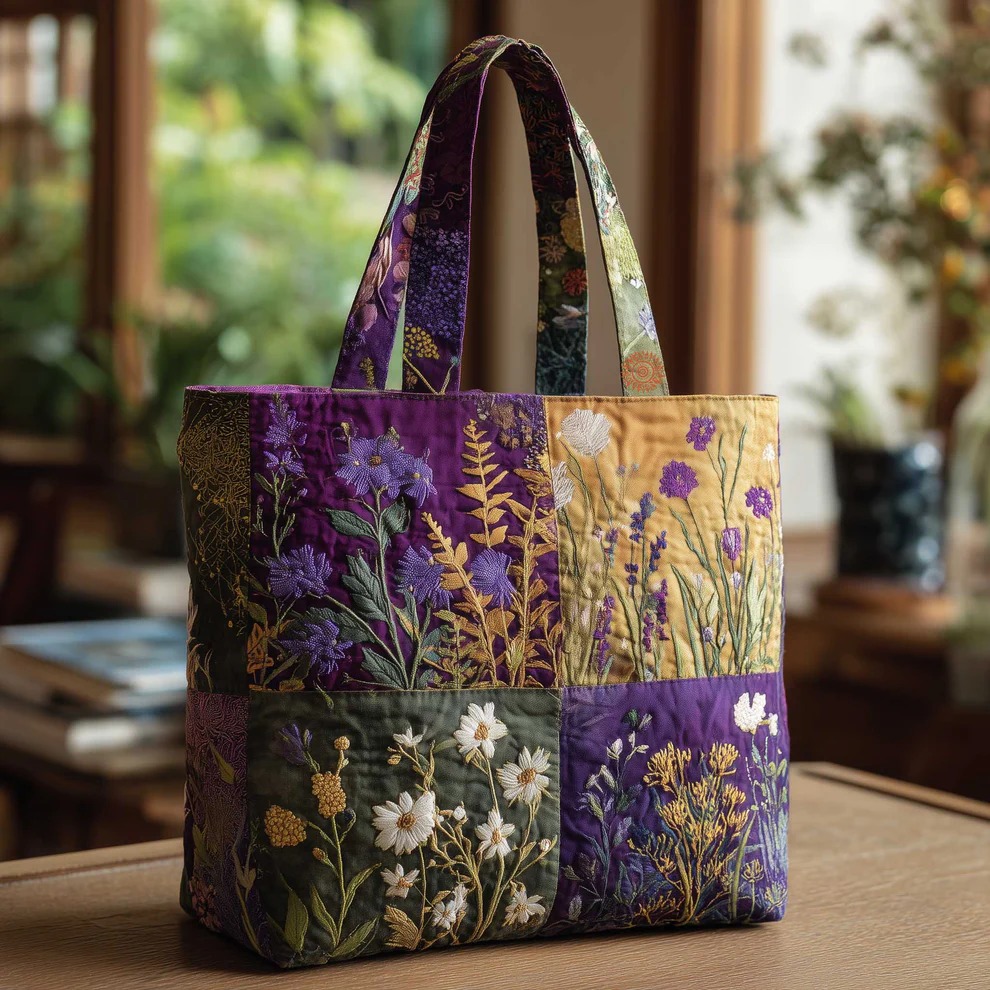 Botanical Floral Embroidery Quilted Tote Bag Garden Wildflower Lover Patchwork Nature Gift For Mother