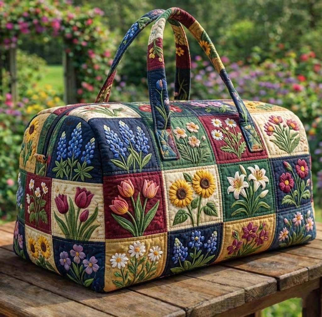 Botanical Patchwork Quilted Duffle Bag Tulip Sunflower Bluebonnet Best Gift For Her