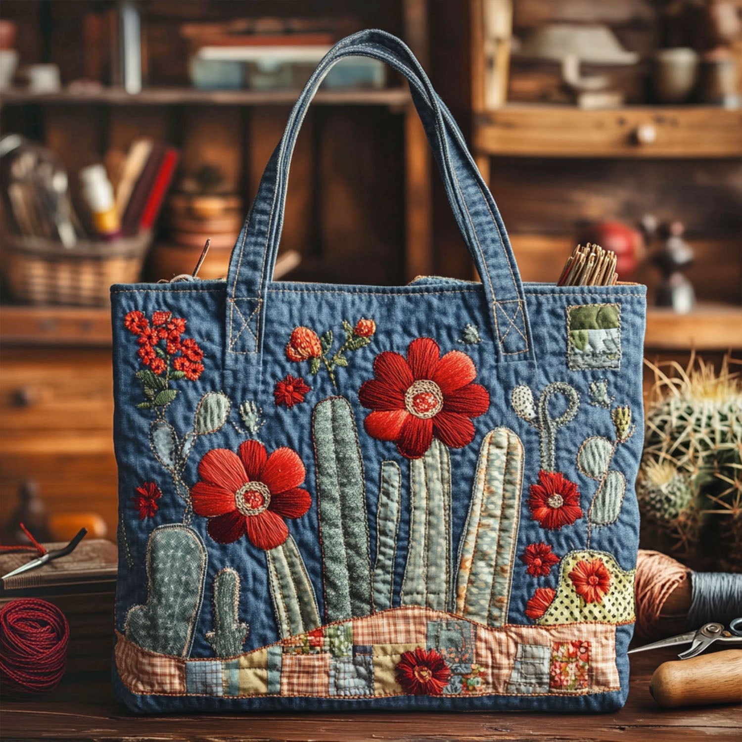 Botanical Spines Quilted Tote Bag Unique Cactus Gifts