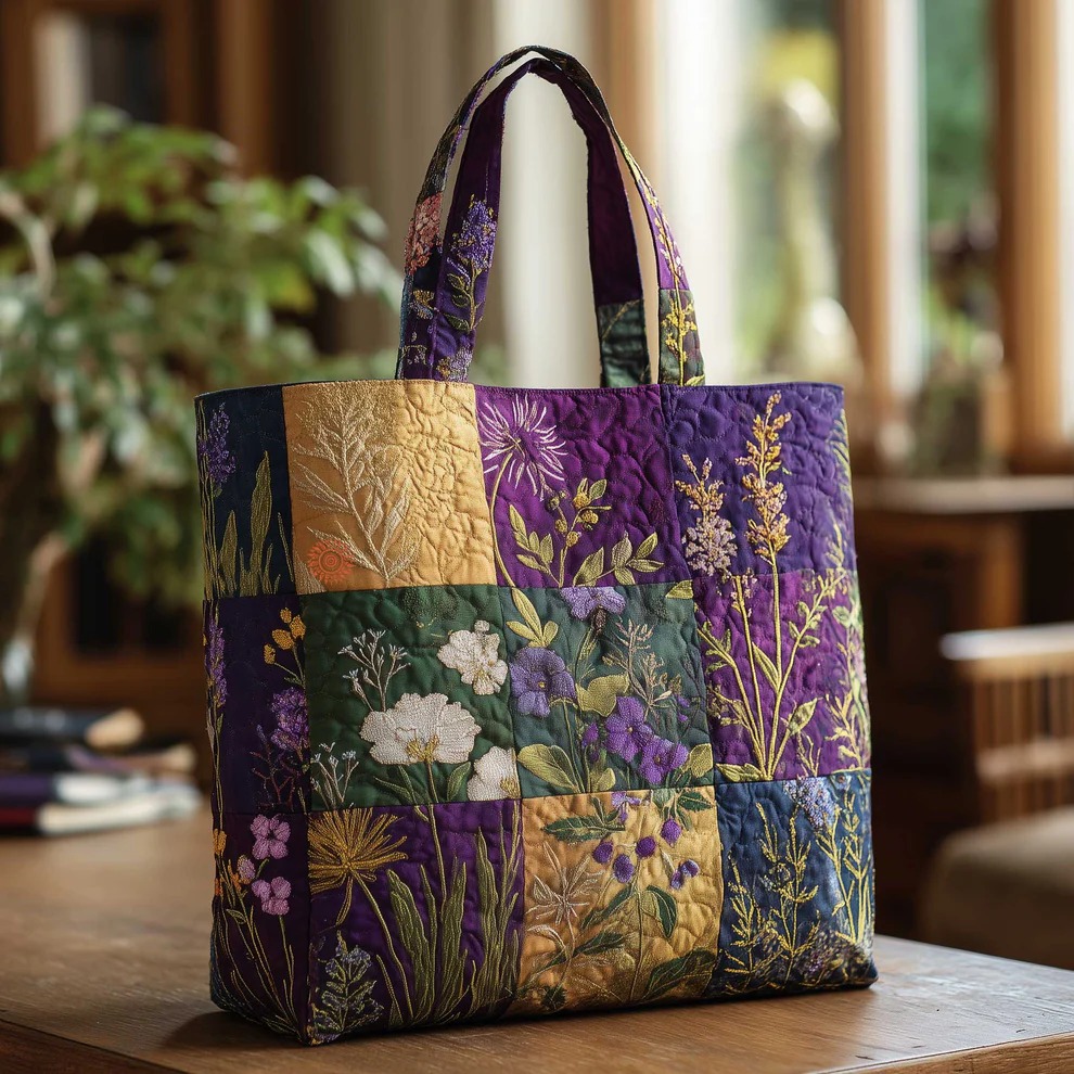 Botanical Wildflower Patchwork Quilted Tote Bag Floral Garden Embroidery Nature Lover Gift For Mom