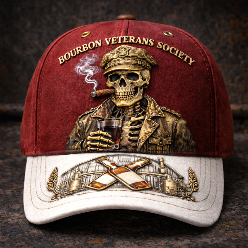 Bourbon Veterans Society Skull Art Hat Proud Veteran Baseball Cap Gift For Grandpa