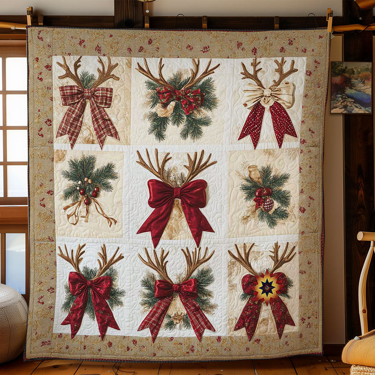 Bow And Antlers Holiday Christmas Quilt Blanket Christmas Gifts For Grandmother