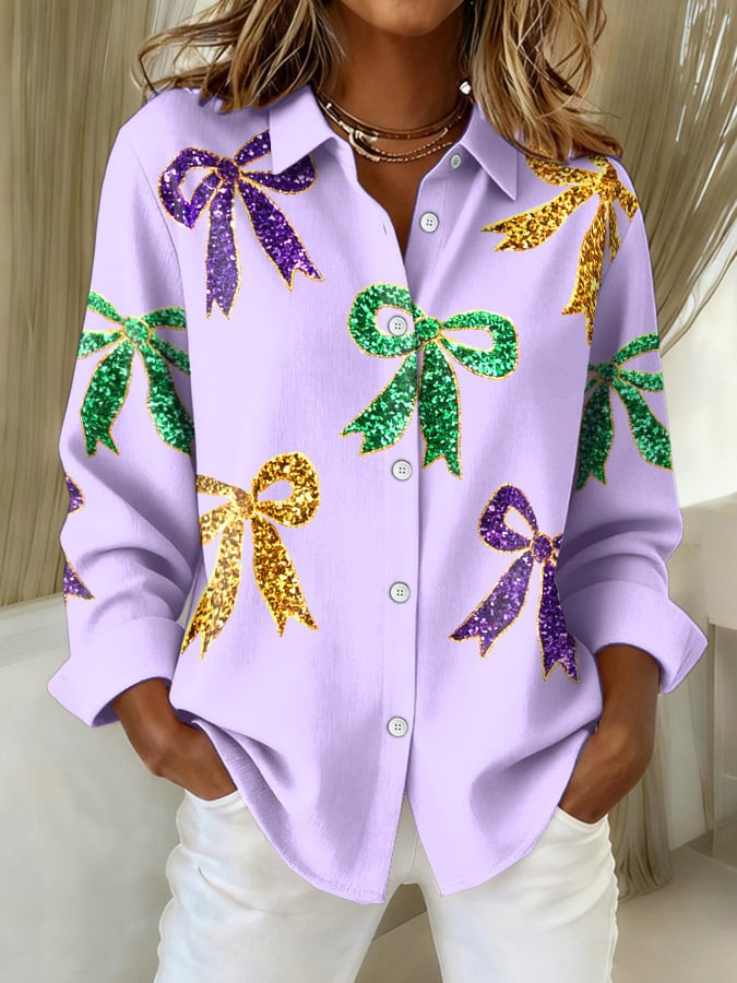 Bow Mardi Gras Button Up Shirt Long Sleeve Fleur De Lis Mardi Gras Button Down Holiday Clothing-1