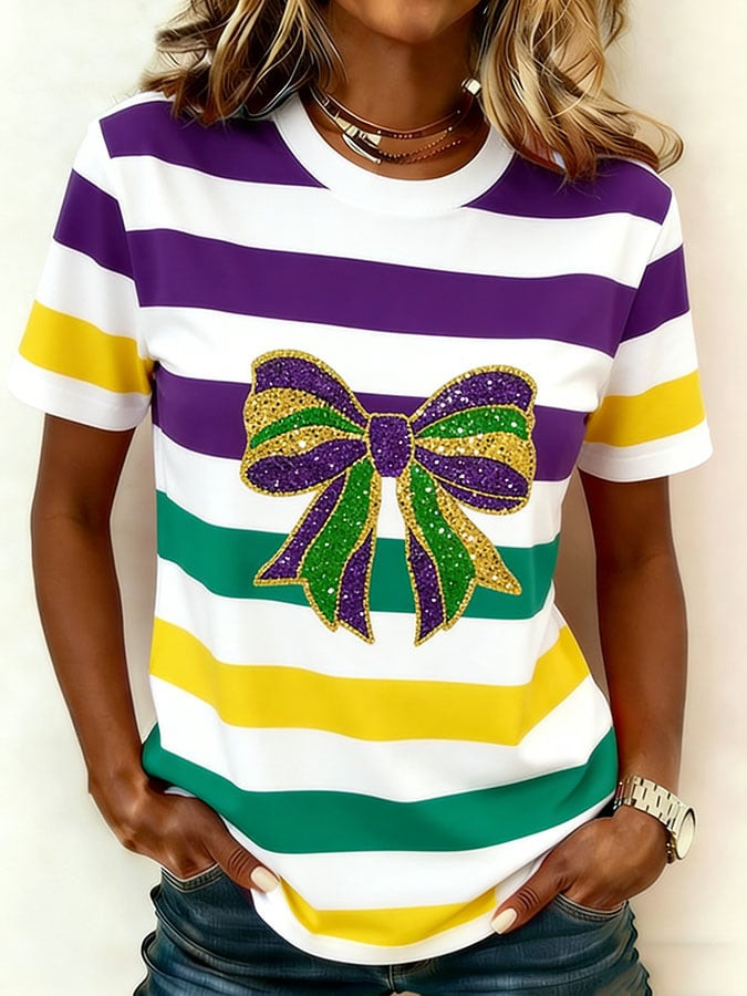 Bow Mardi Gras Shirt Fleur De Lis Mardi Gras Clothes Women New Orleans T-Shirt Mom Gifts