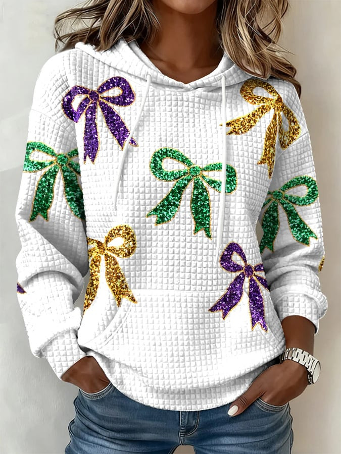 Bow Mardi Gras Waffle Hoodie Fleur De Lis Mardi Gras Apparel Gifts For Girlfriend
