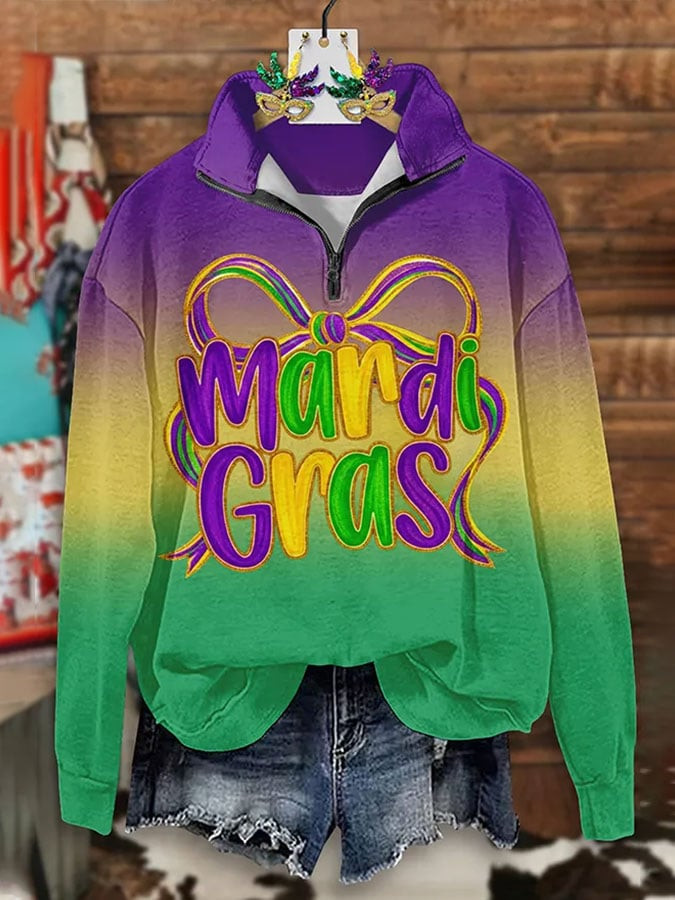 Bow Mardi Gras Zip Stand Collar Sweatshirt Fleur De Lis Shirt Mardi Gras Themed Clothes