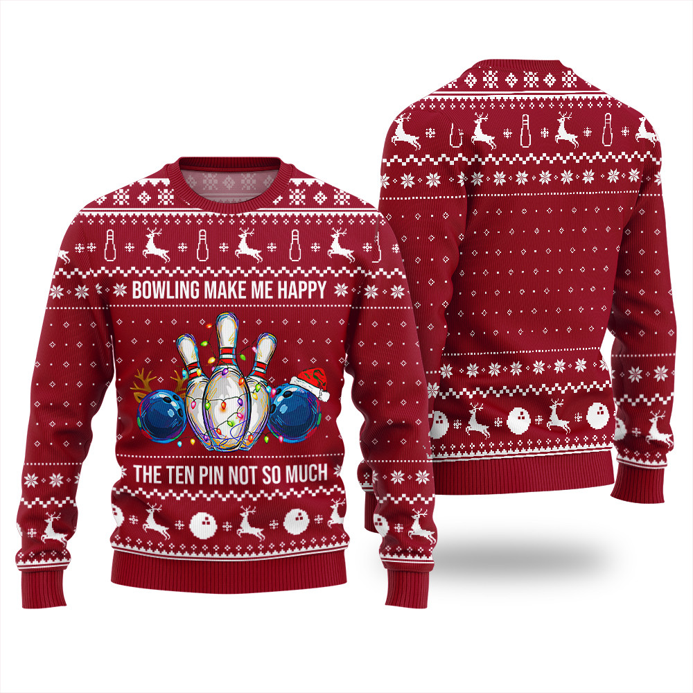 Bowling Make Me Happy Funny Ugly Christmas Sweater Unique Holiday Sweater Gift Idea for Loved Ones