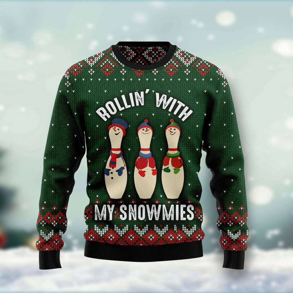 Bowling Rollin' With My Snowmies Ugly Christmas Sweater Unisex Sweater for Couples Friends Funny Family Christmas Gift
