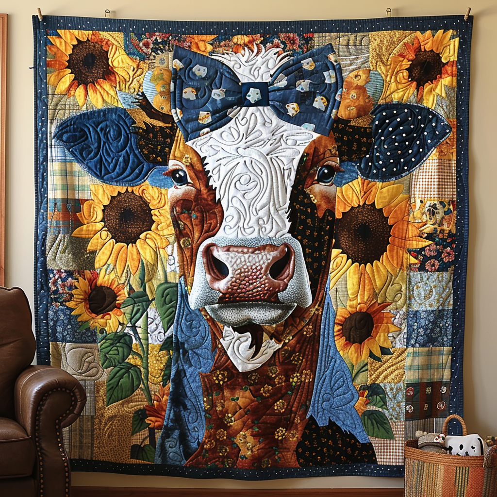 Bowtie Blossom Cow Quilted Blanket Presents For Cow Lovers