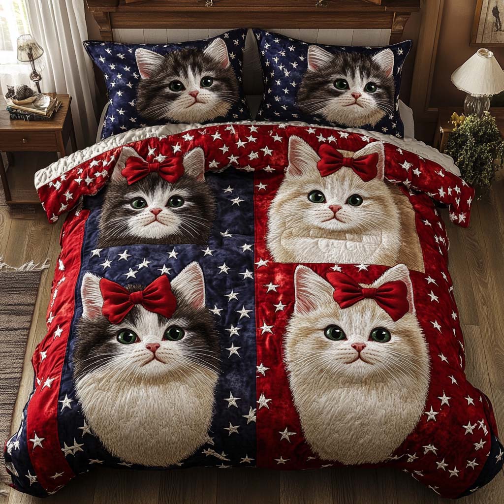 Bowtie Kittens Quilted Bedding Set Patriotic Bedroom Decor Best Presents For Cat Lovers
