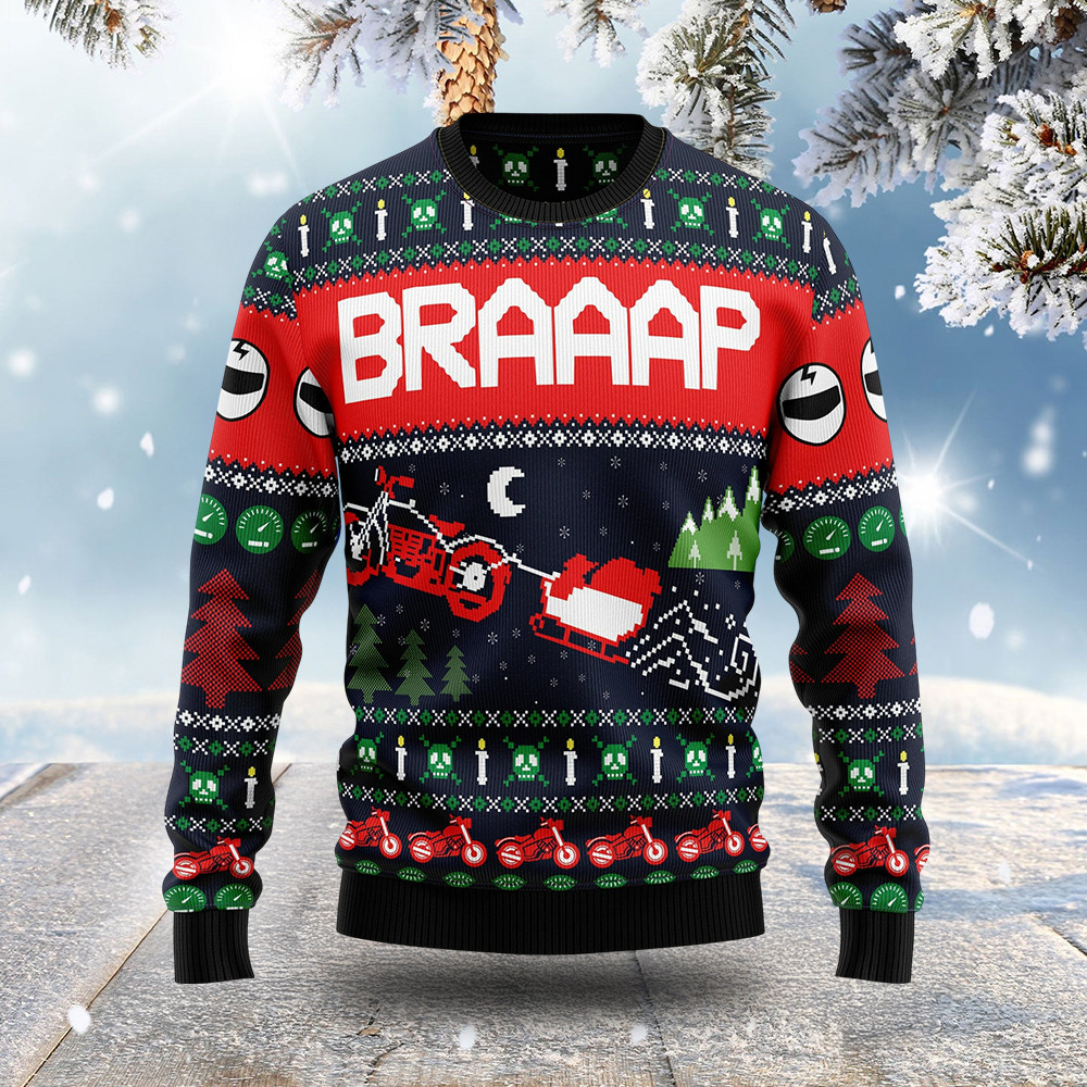 Braaap Motorbike Sleigh Ugly Christmas Sweater Santa Claus Themed Xmas Gifts For Men