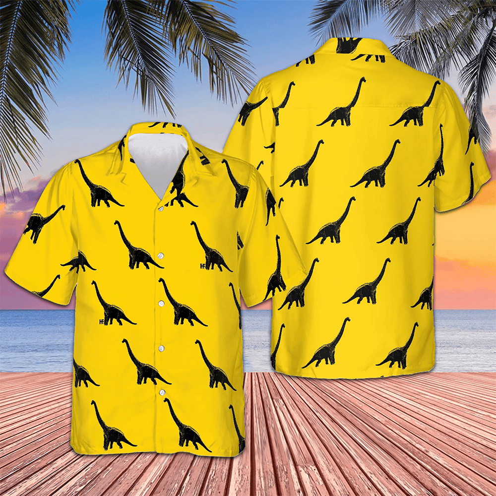 Brachiosaurus Dinosaur Hawaiian Shirt Yellow Button Up Shirt Gifts For Little Brother Brachiosaurus Dinosaur Hawaiian Shirt Yellow Button Up Shirt Gifts For Little Brother
