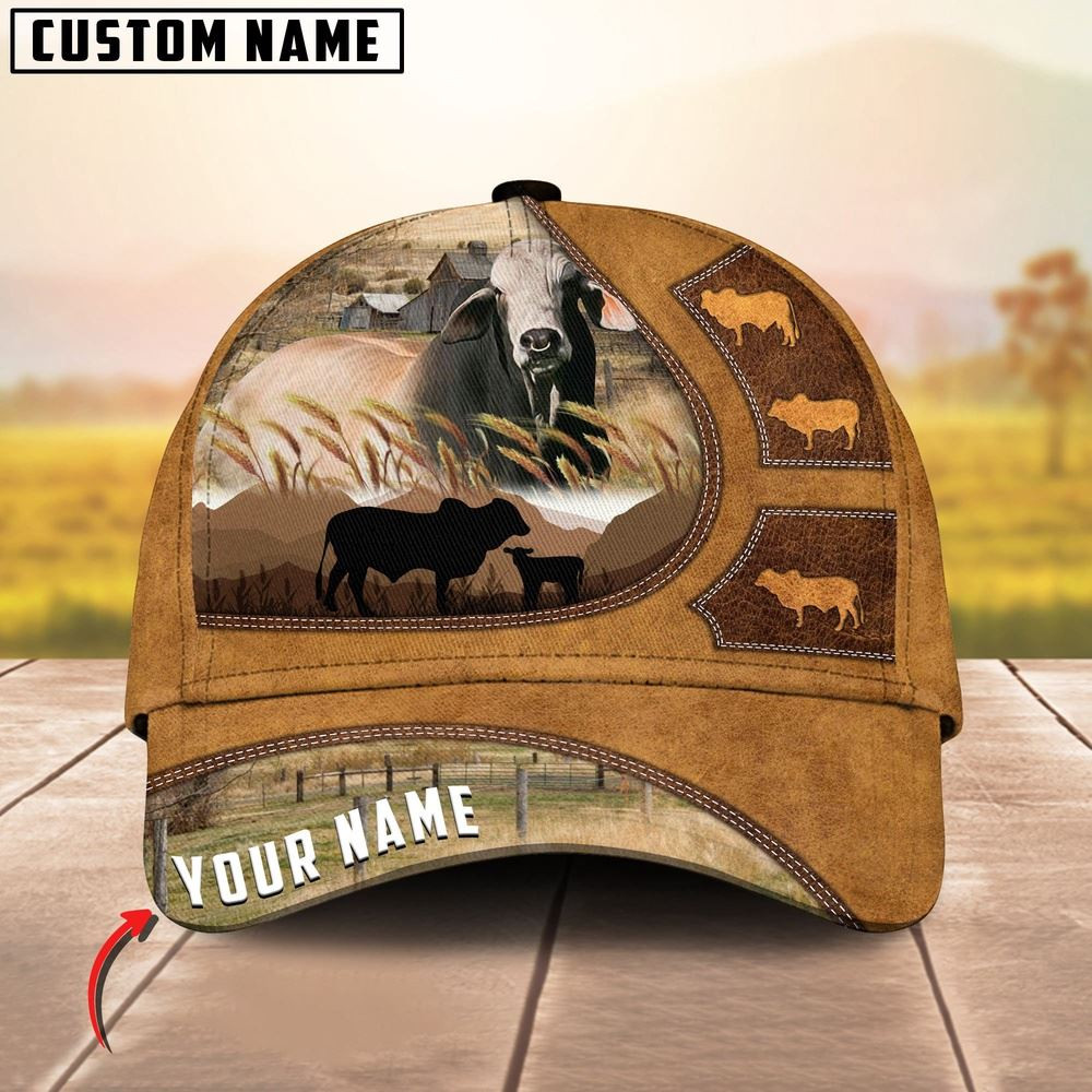 Brahman Art On Farm Yellow Leather Pattern Customized 3D Cap Farmer Baseball Cap Gift For Farmer
