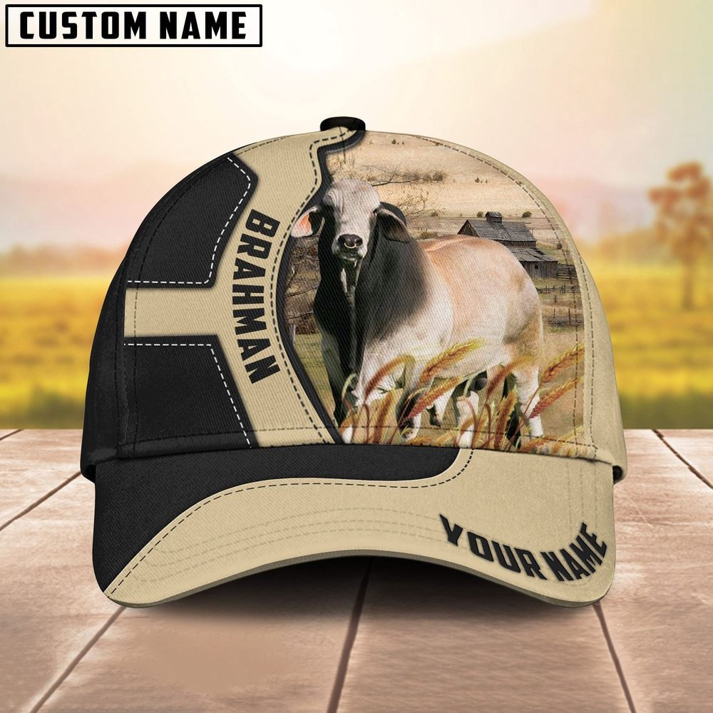 Brahman Cattle Black Khaki Pattern Customized Name Cap Farmer Baseball Cap Gift For Farmer