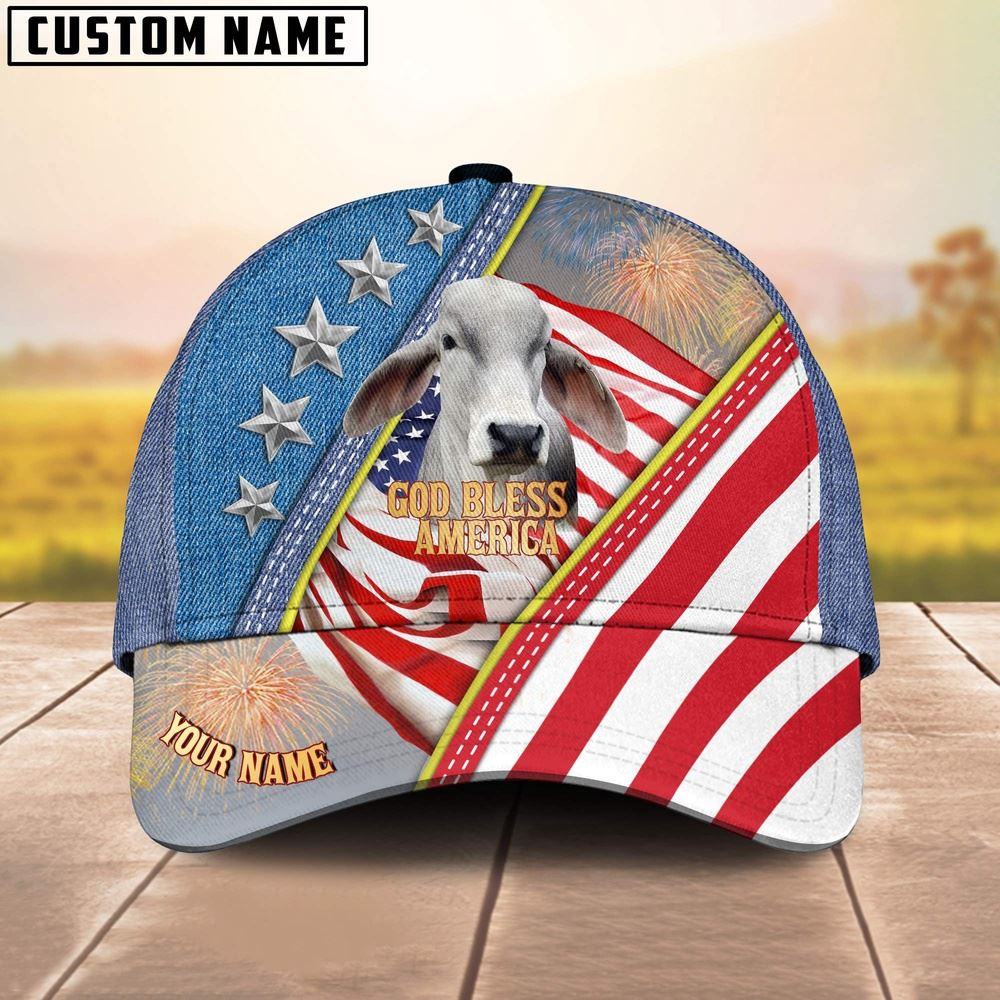 Brahman Cattle Blue Denim Pattern Customized Name Cap Farmer Baseball Cap Gift For Farmer