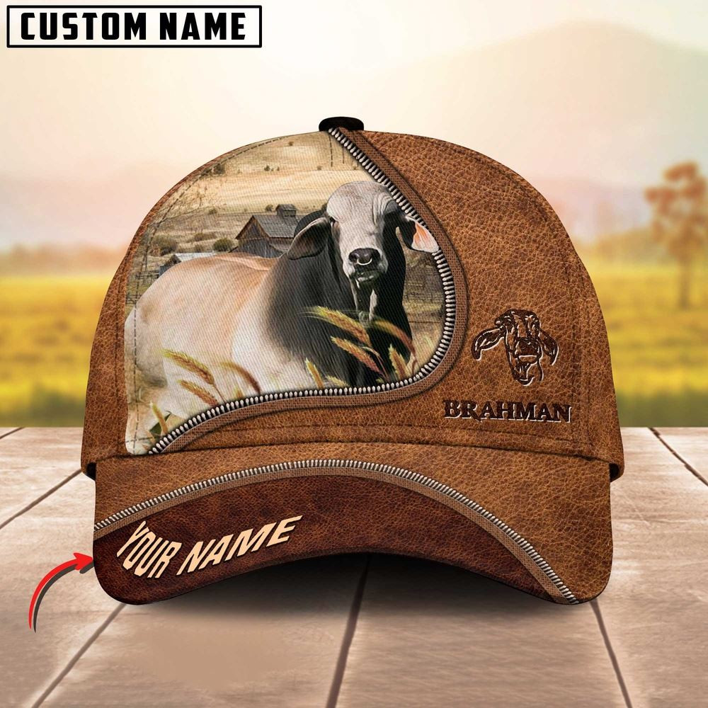 Brahman Cattle Brown Leather Zip Pattern Customized Name Cap Farmer Baseball Cap Gift For Farmer