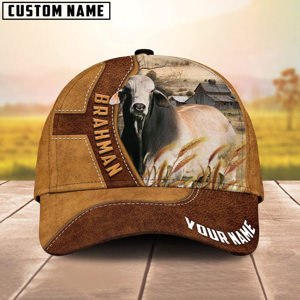 Brahman Cattle Customized Name Brown Leather Pattern Cap Farmer Baseball Cap Gift For Farmer