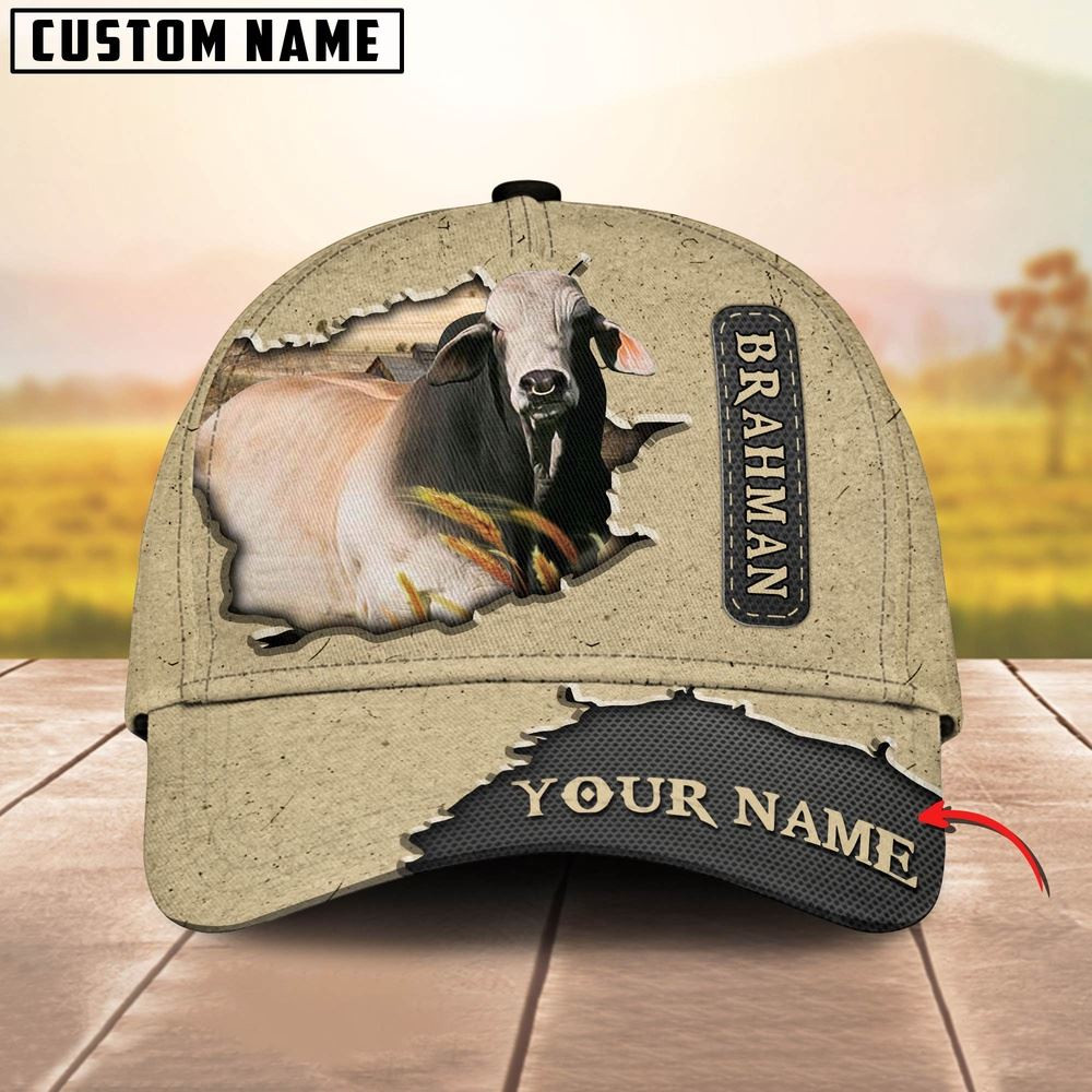 Brahman Cattle Customized Name Khaki Leather Pattern Cap Farmer Baseball Cap Gift For Farmer