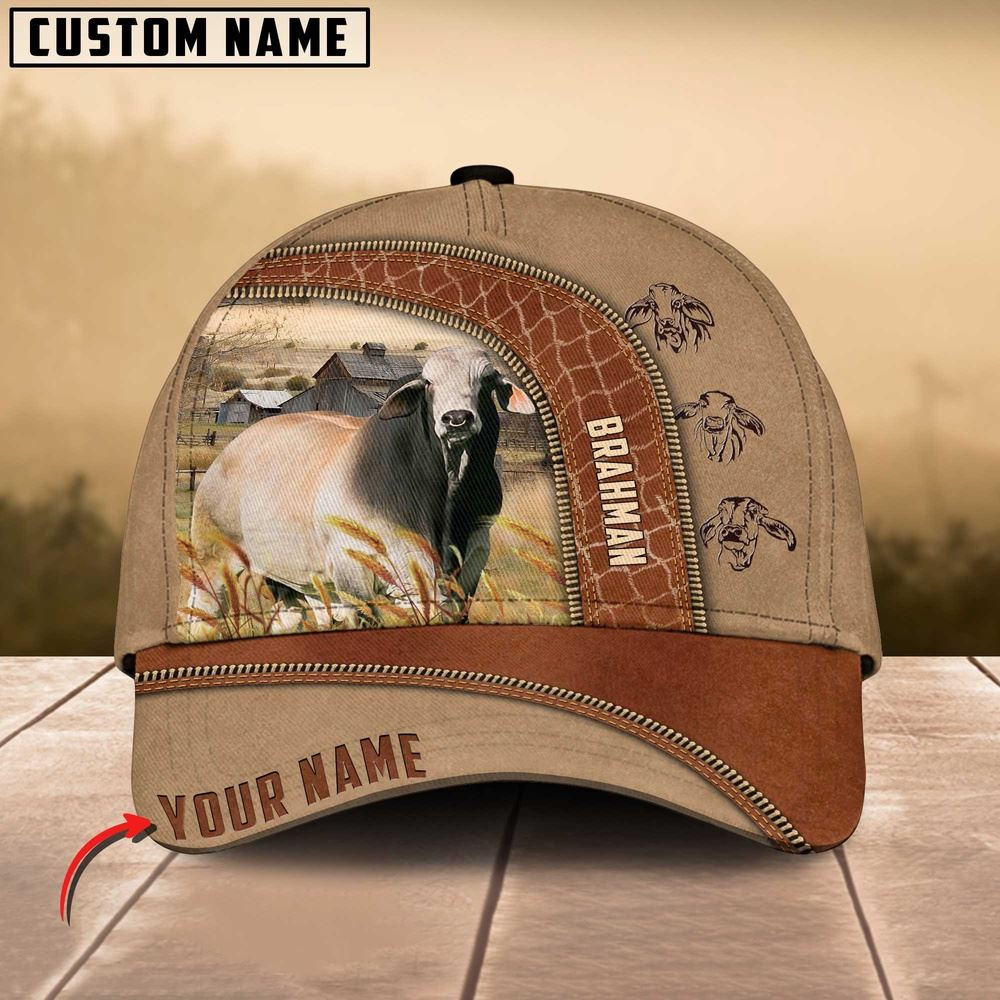 Brahman Cattle Customized Name Light Brown Cap Farmer Baseball Cap Gift For Farmer