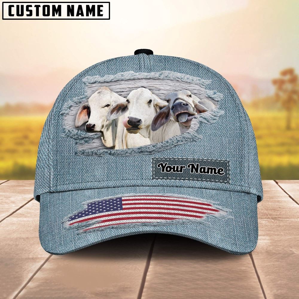 Brahman Cattle Jeans Pattern Customized Name Cap Farmer Baseball Cap Gift For Farmer