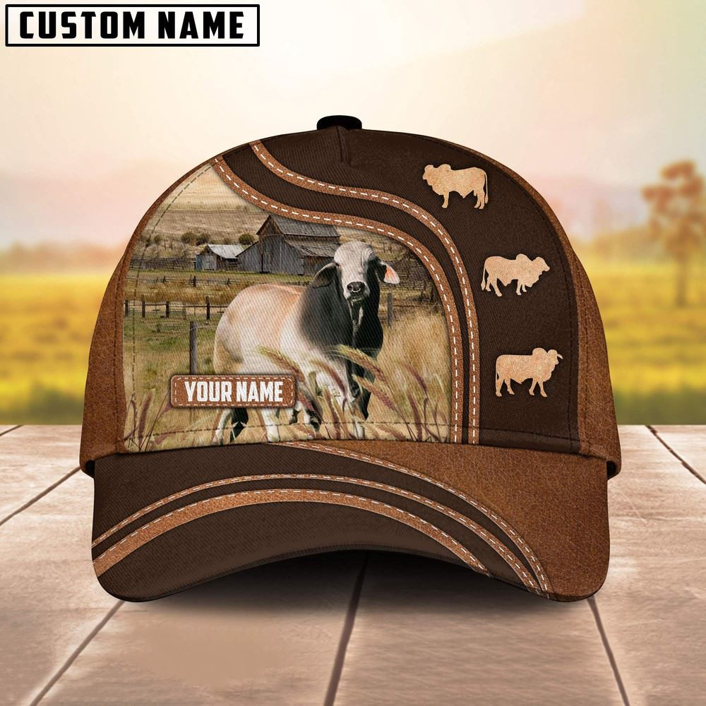 Brahman Cattle Leather Brown Pattern Customized Name Cap Farmer Baseball Cap Gift For Farmer