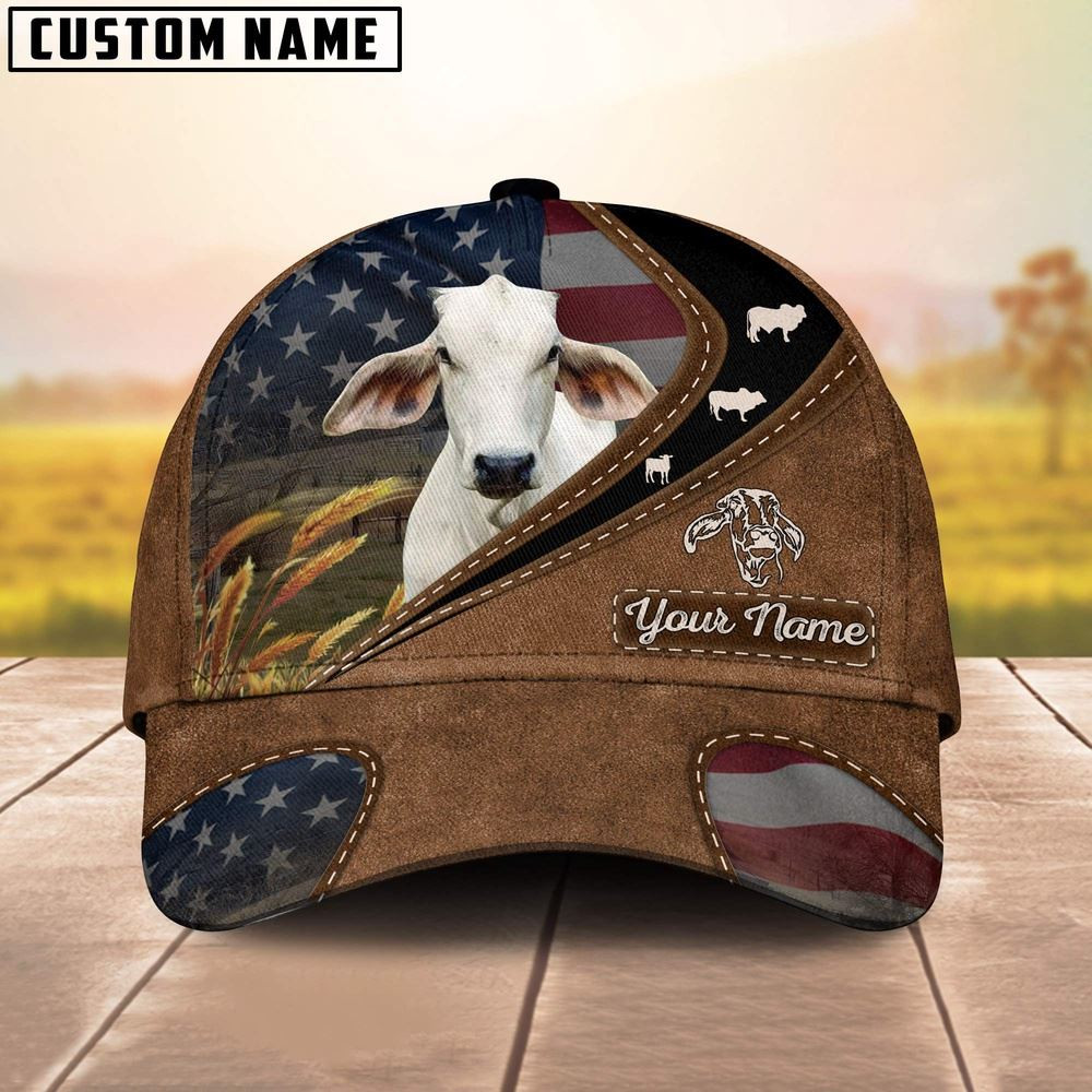 Brahman Cattle Leather Pattern American Customized Name Cap Farmer Baseball Cap Gift For Farmer