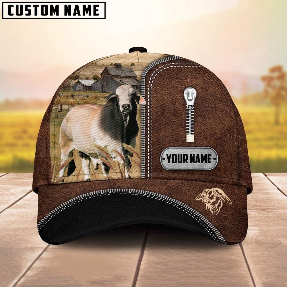 Brahman Cattle Leather Zip Pattern Customized Name Cap Farmer Baseball Cap Gift For Farmer
