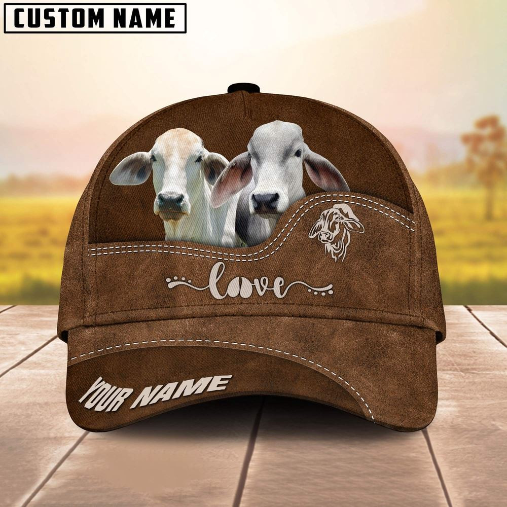 Brahman Cattle Love Leather Pattern Customized Name Cap Farmer Baseball Cap Gift For Farmer