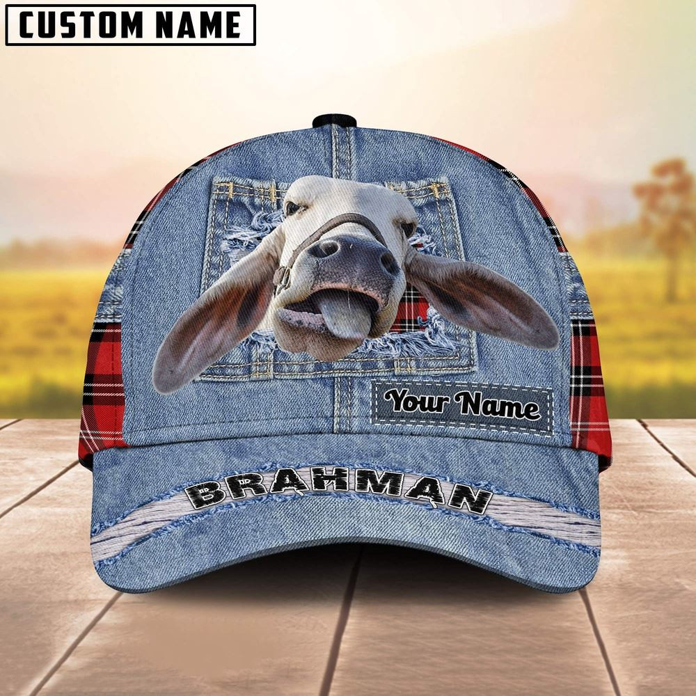 Brahman Cattle Overall Jeans Pattern And Red Caro Pattern Customized Name Cap Farmer Baseball Cap