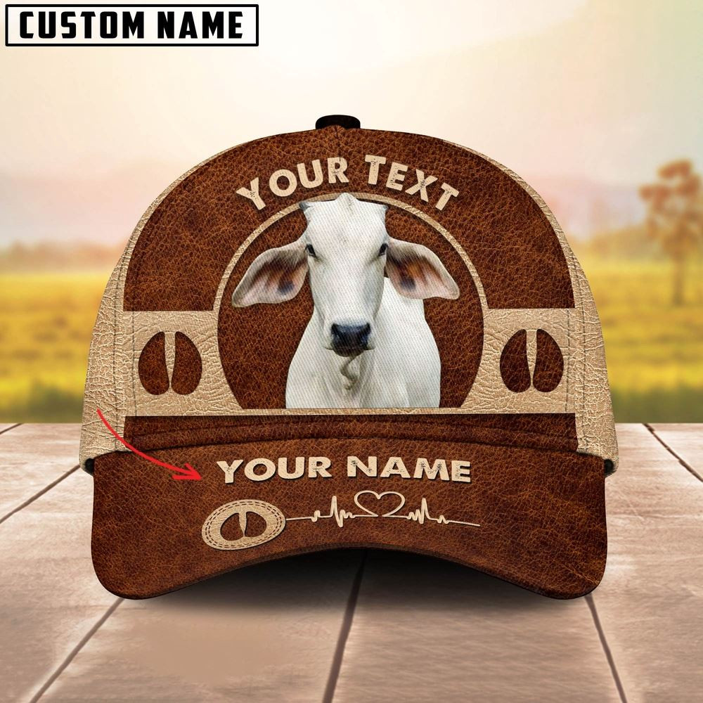 Brahman Cattle Personalized Name Brown Leather Pattern Cap Farmer Baseball Cap Gift For Farmer