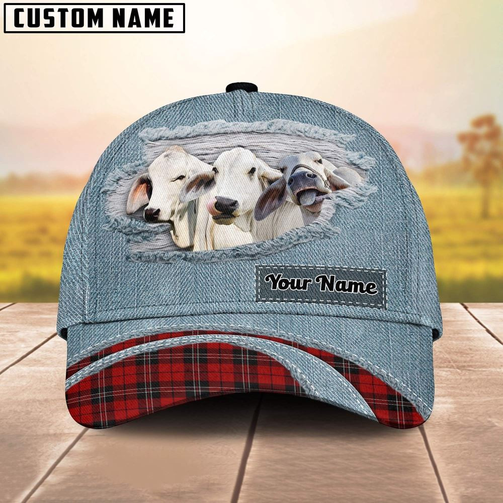 Brahman Cattle Red Caro And Jeans Pattern Customized Name Cap Farmer Baseball Cap