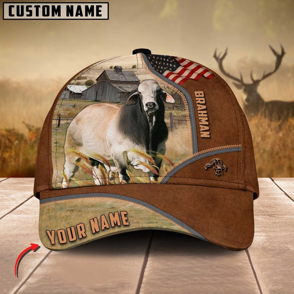 Brahman Cattle US Flag Customized Name Brown Cap Farmer Baseball Cap Gift For Farmer