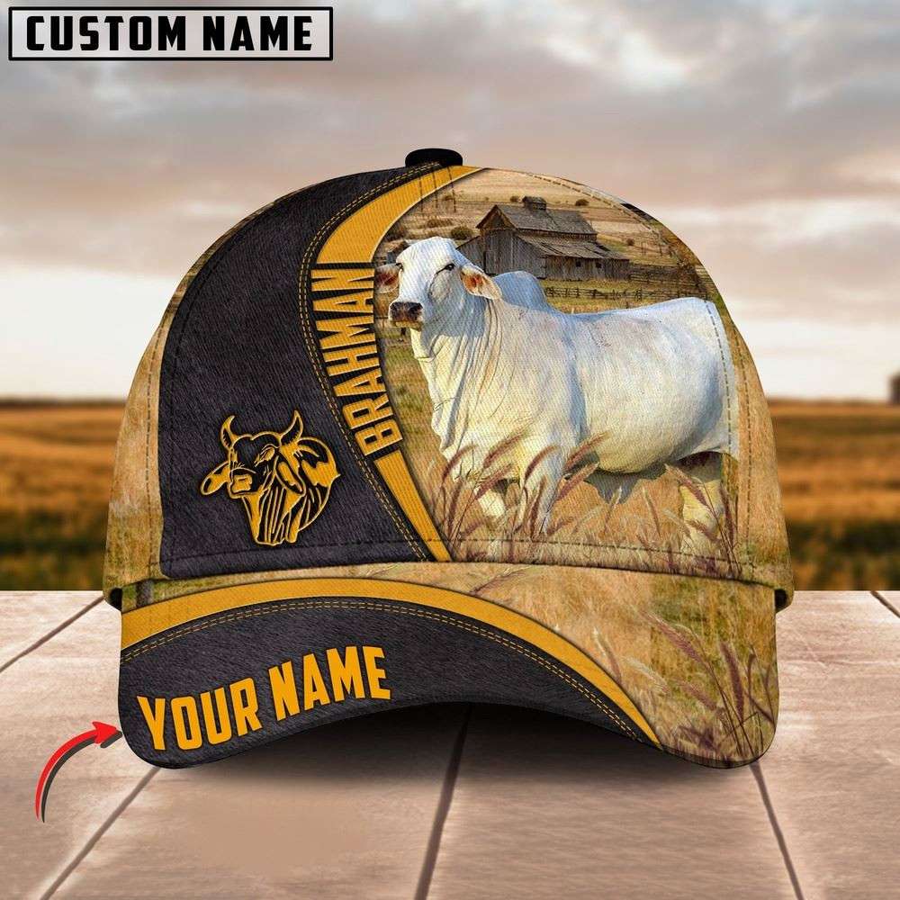 Brahman On Farm Black Yellow Leather Pattern Customized 3D Cap Farmer Baseball Cap Gift For Farmer