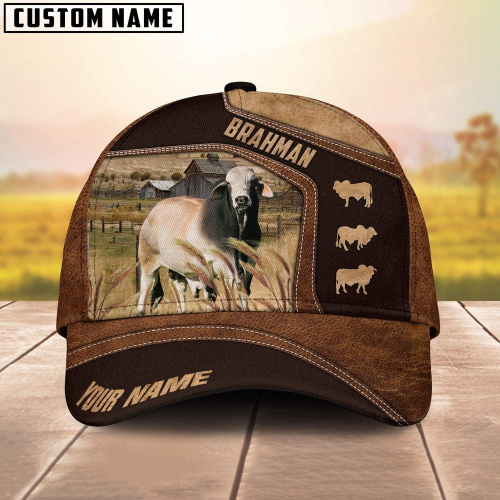 Brahman On Farm Brown Leather Pattern Customized 3D Cap Farmer Baseball Cap Gift For Farmer