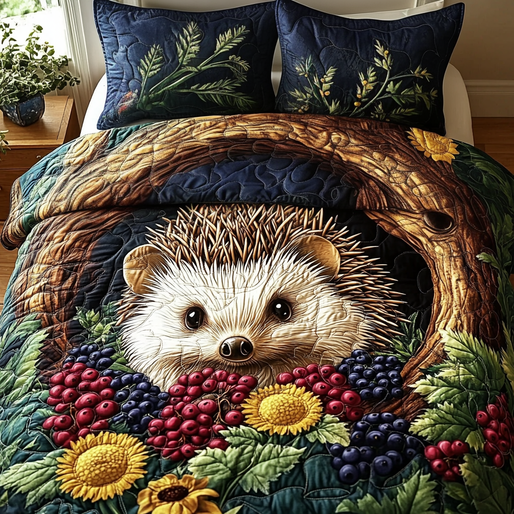 Brambles and Burrows Quilted Bedding Set Unique Bed Sheet Set Gift For Hedgehog Lovers