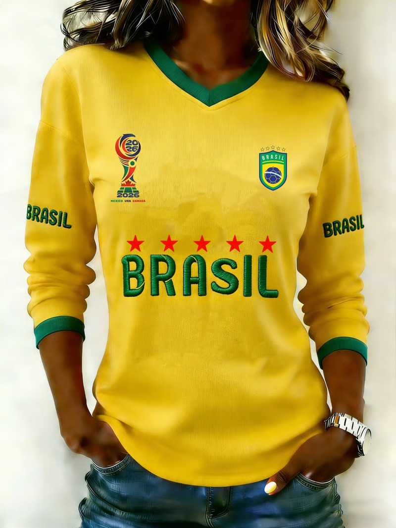 Brasil V-Neck Long Sleeve Shirt World Cup 2026 Soccer Fan Gear Football Apparel Gift For Fans