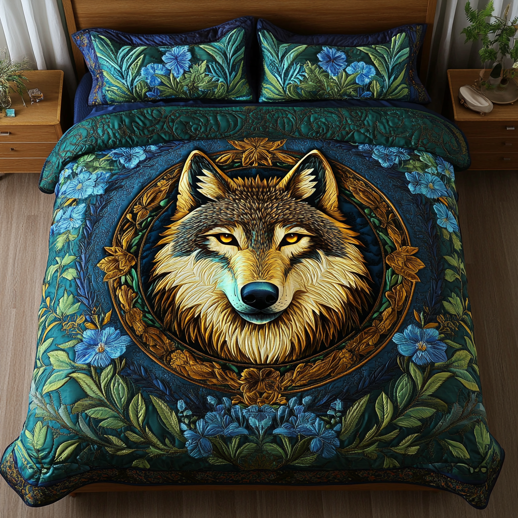 Brave Wolf Quilted Bedding Set Christmas Bedding Duvet Cover Best Wolf Gifts For Dad