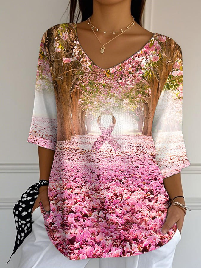 Breast Cancer Awareness Pink Floral V-neck T-Shirt Breast Cancer Gifts For Women's