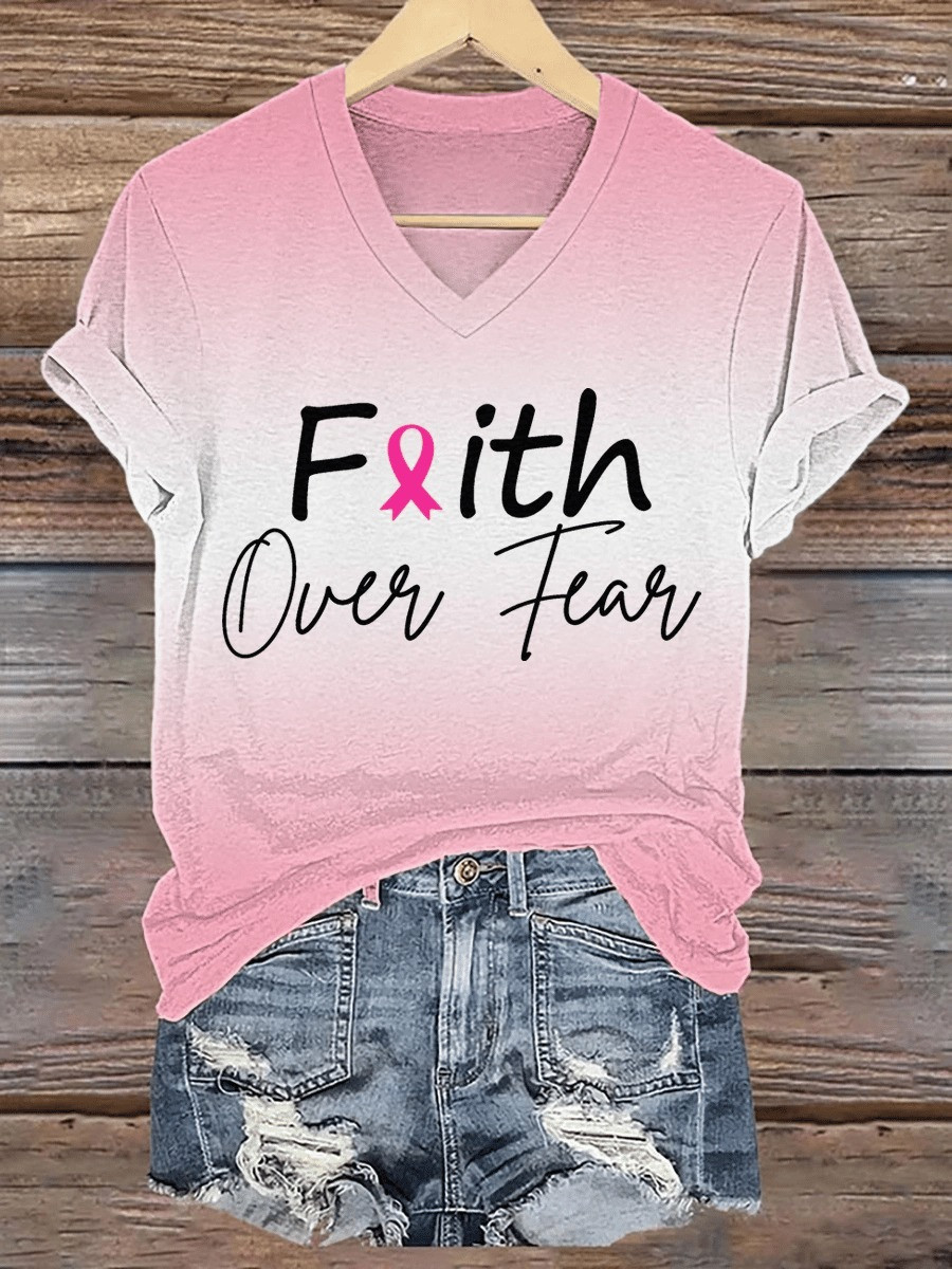 Breast Cancer Awareness Pink Ribbon Faith Over Fear Women's V-Neck Shirt Breast Cancer Gifts