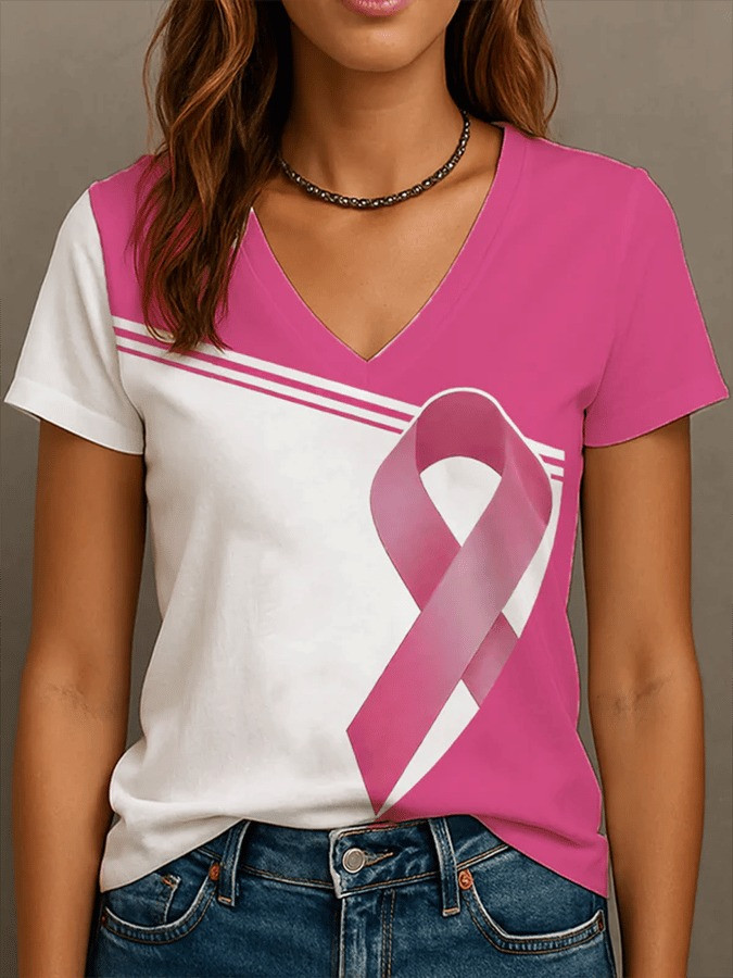Breast Cancer Awareness Pink Ribbon Print V-neck T-Shirt Breast Cancer Gifts For Women's