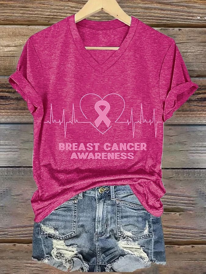 Breast Cancer Awareness Print V-Neck T-Shirt Gifts For Women's