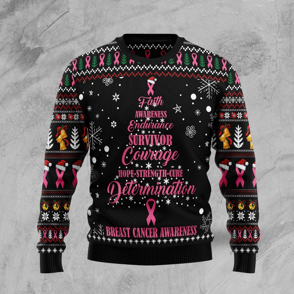 Breast Cancer Christmas Tree Ugly Christmas Sweater Unisex Sweater for Couples Friends Funny Family Christmas Gift