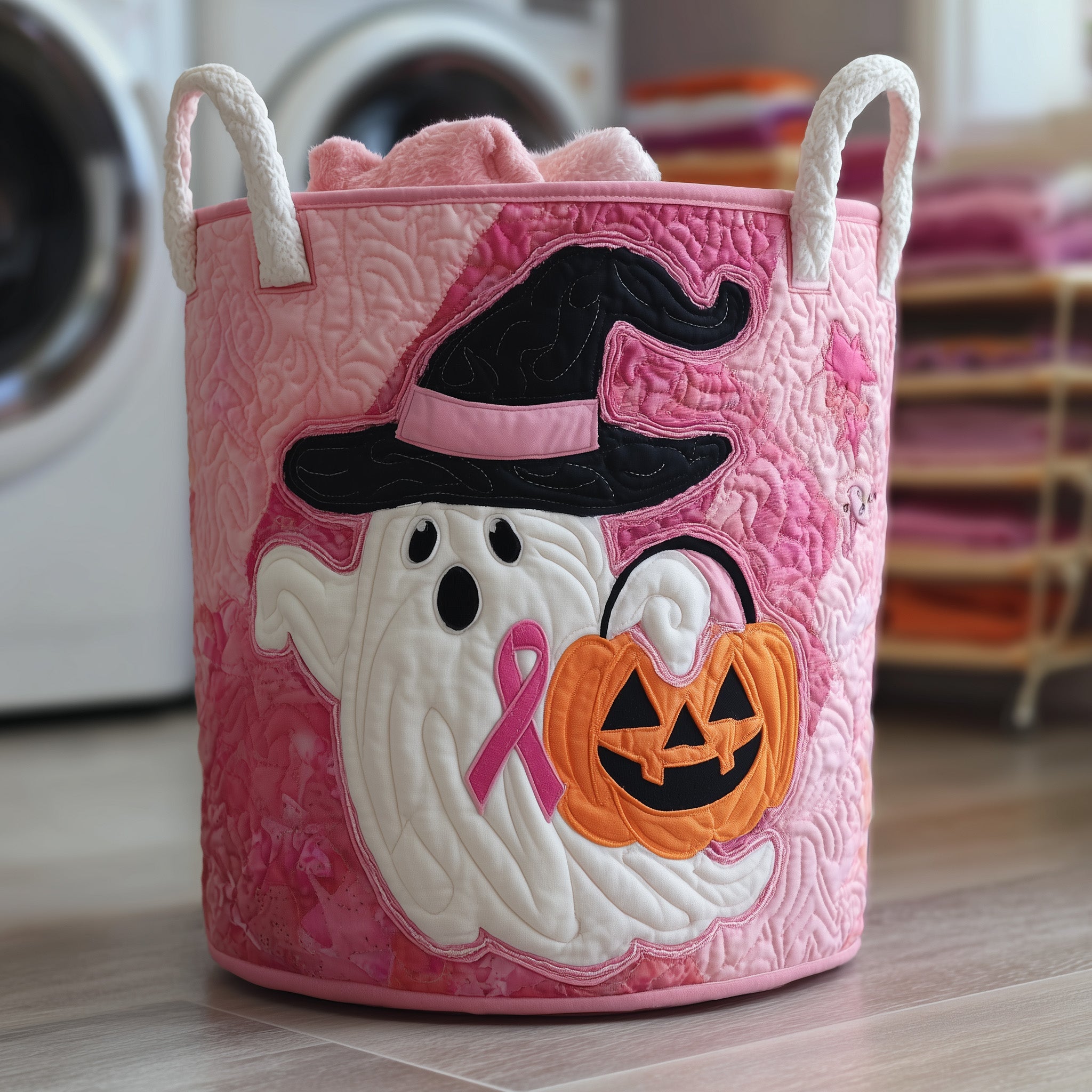 Breast Cancer Halloween Quilted Laundry Basket Halloween Ghost Storage Gifts For Mom
